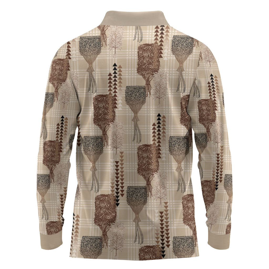 Aloha Hawaii Vintage Kahili Pa'a Lima Long Sleeve Polo Shirt Palaka Print Cozy Beige