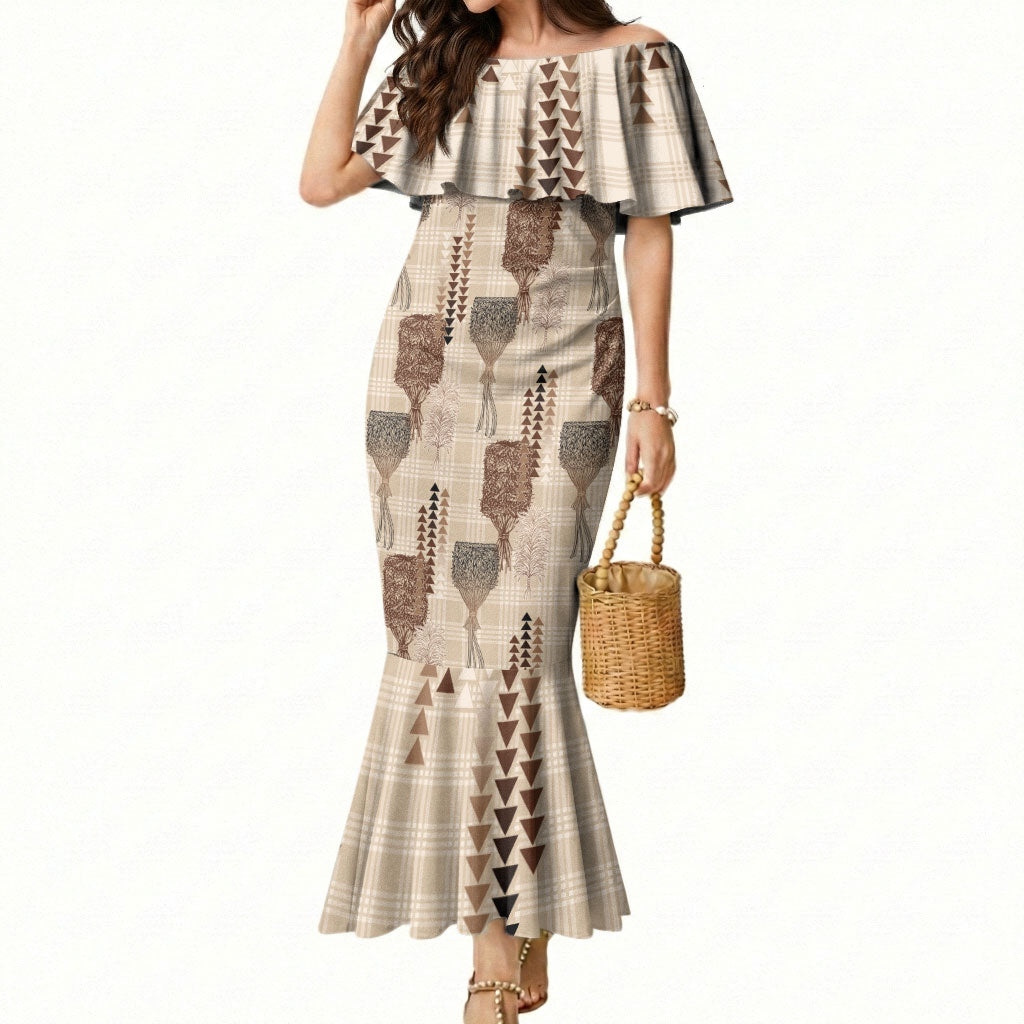 Aloha Hawaii Vintage Kahili Pa'a Lima Mermaid Dress Palaka Print Cozy Beige LT7 Women Beige - Polynesian Pride