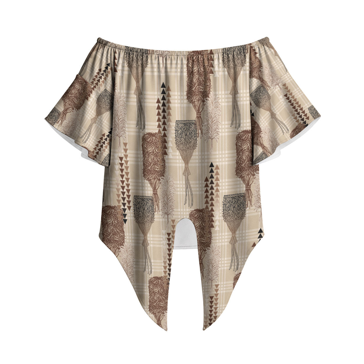 Aloha Hawaii Vintage Kahili Pa'a Lima Off Shoulder Wrap Waist Top Palaka Print Cozy Beige LT7 Beige - Polynesian Pride