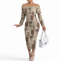 Aloha Hawaii Vintage Kahili Pa'a Lima Off The Shoulder Long Sleeve Dress Palaka Print Cozy Beige
