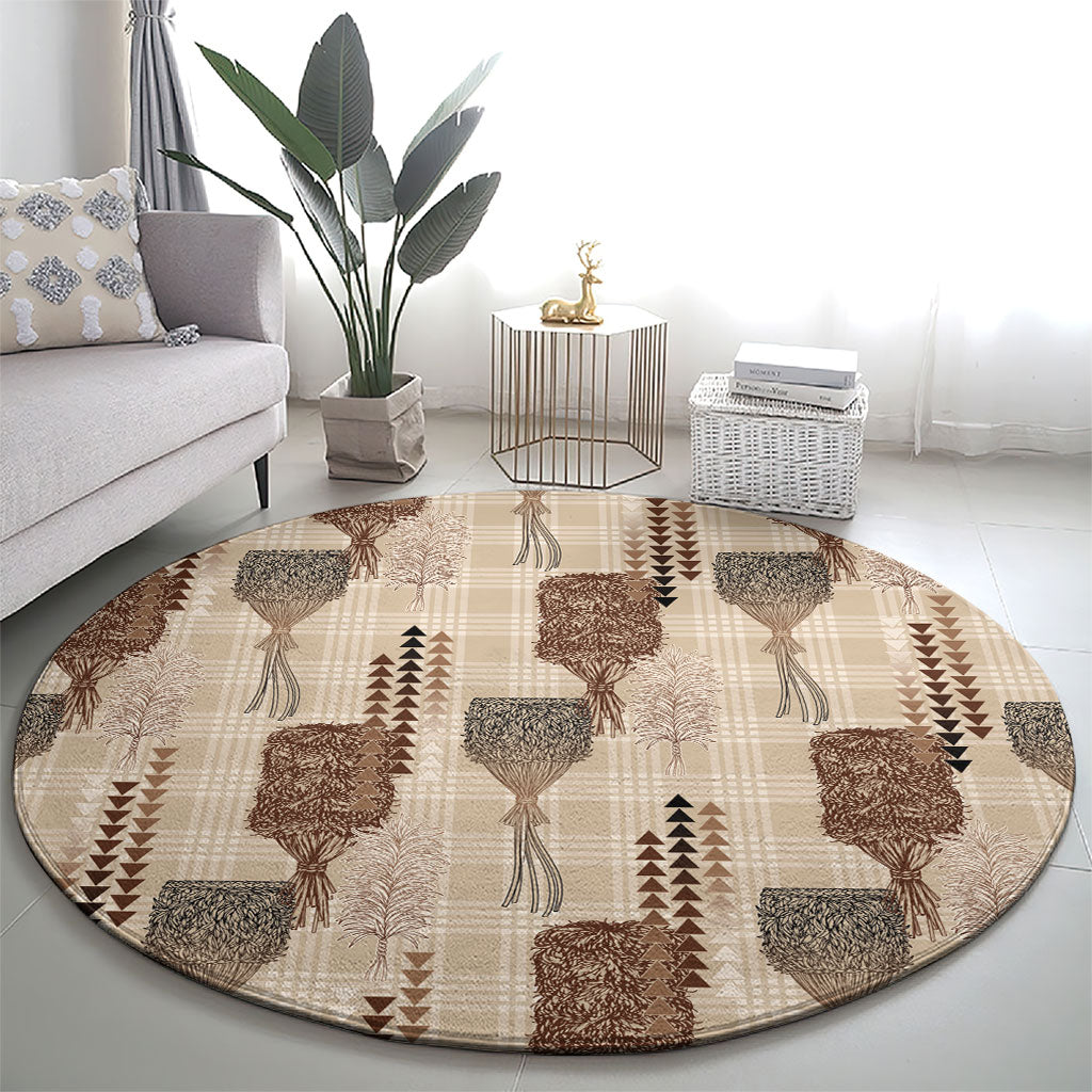 Aloha Hawaii Vintage Kahili Pa'a Lima Round Carpet Palaka Print Cozy Beige