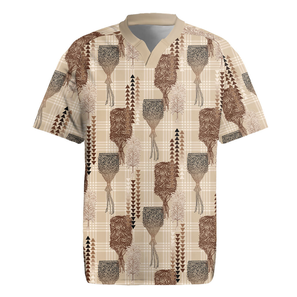 Aloha Hawaii Vintage Kahili Pa'a Lima Rugby Jersey Palaka Print Cozy Beige LT7 Beige - Polynesian Pride