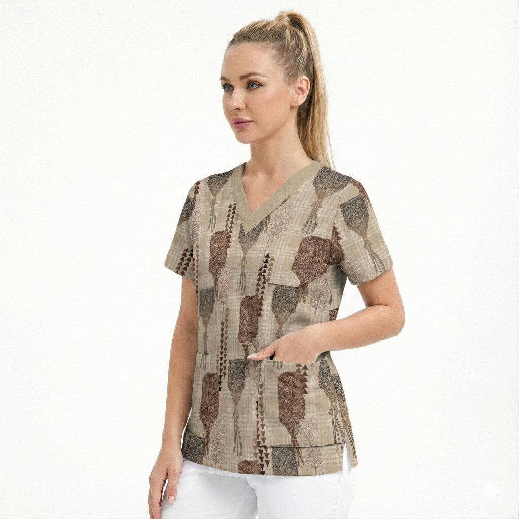 Aloha Hawaii Vintage Kahili Pa'a Lima Scrub Top Palaka Print Cozy Beige