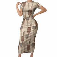 Aloha Hawaii Vintage Kahili Pa'a Lima Short Sleeve Bodycon Dress Palaka Print Cozy Beige