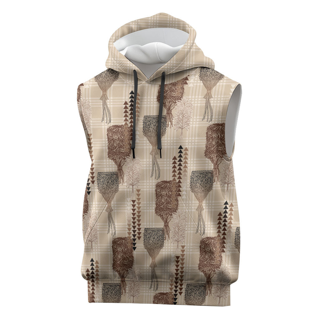 Aloha Hawaii Vintage Kahili Pa'a Lima Sleeveless Hoodie Palaka Print Cozy Beige LT7 Beige - Polynesian Pride