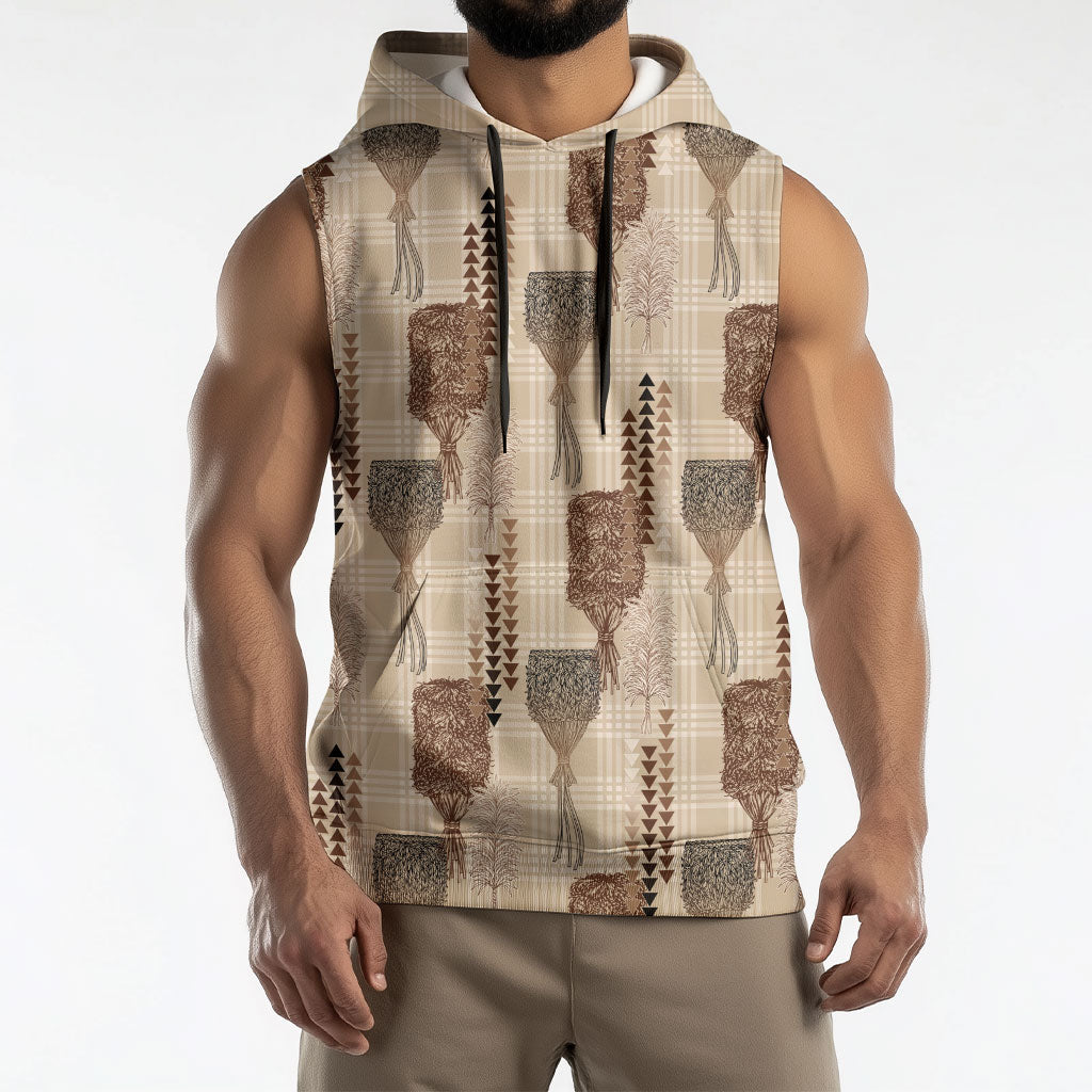 Aloha Hawaii Vintage Kahili Pa'a Lima Sleeveless Hoodie Palaka Print Cozy Beige