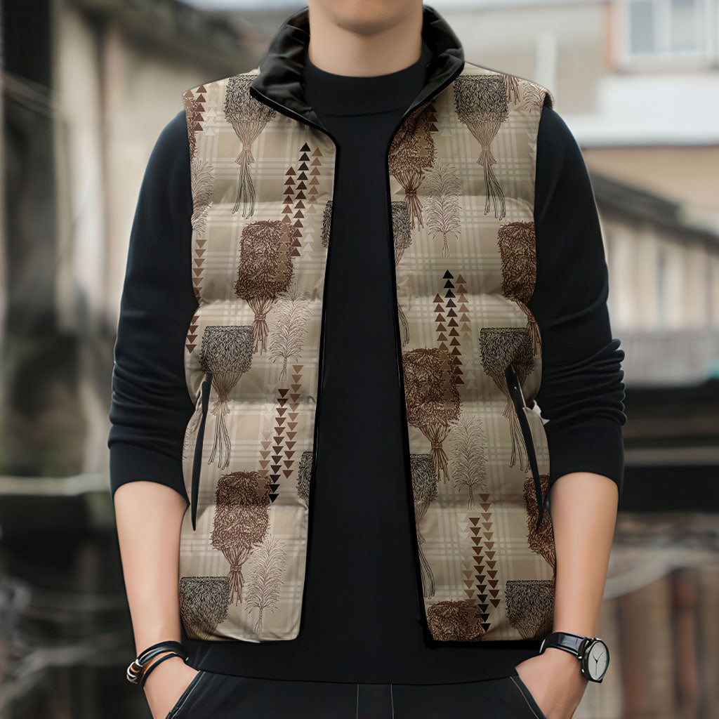 Aloha Hawaii Vintage Kahili Pa'a Lima Sleeveless Puffer Jacket Palaka Print Cozy Beige