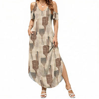 Aloha Hawaii Vintage Kahili Pa'a Lima Summer Maxi Dress Palaka Print Cozy Beige