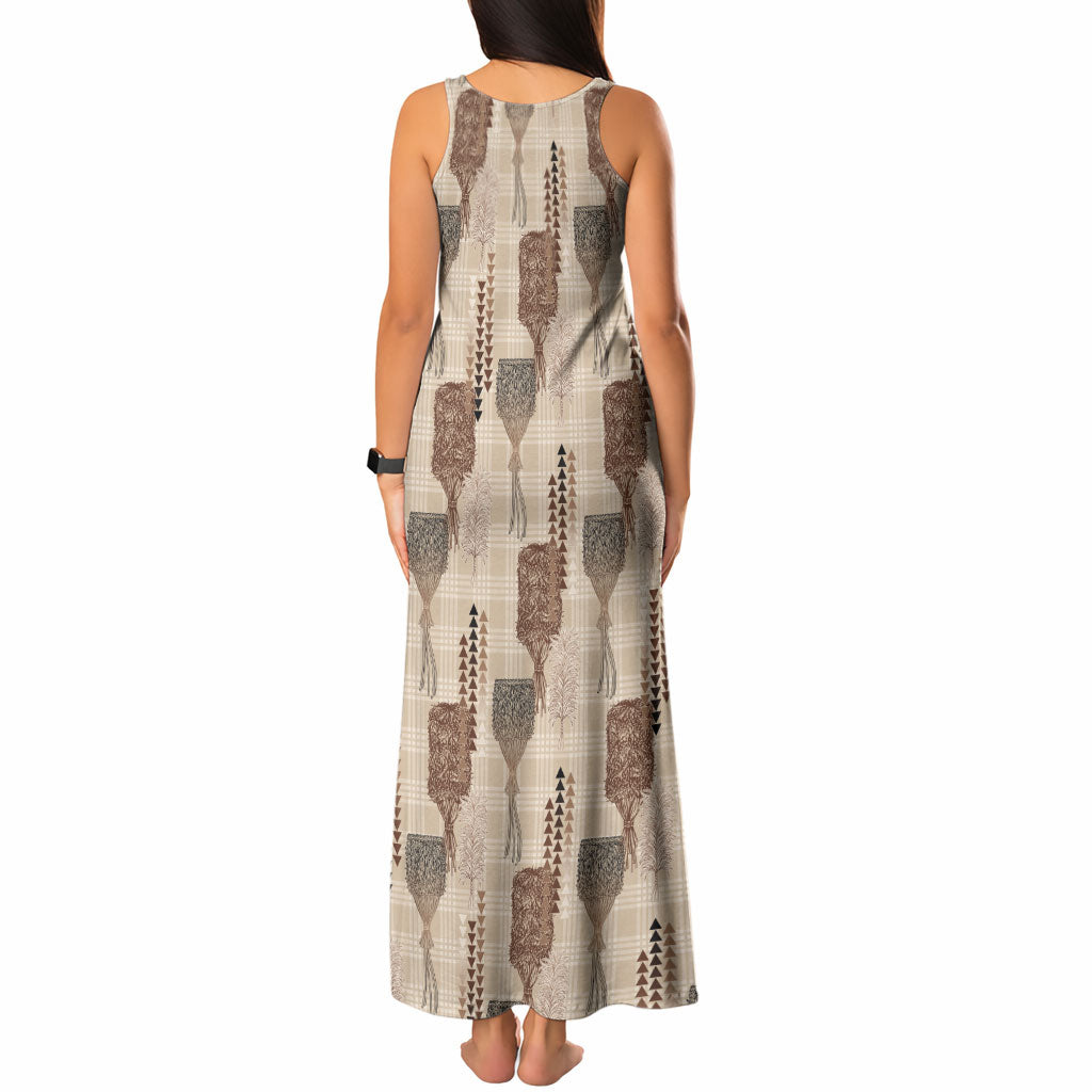 Aloha Hawaii Vintage Kahili Pa'a Lima Tank Maxi Dress Palaka Print Cozy Beige