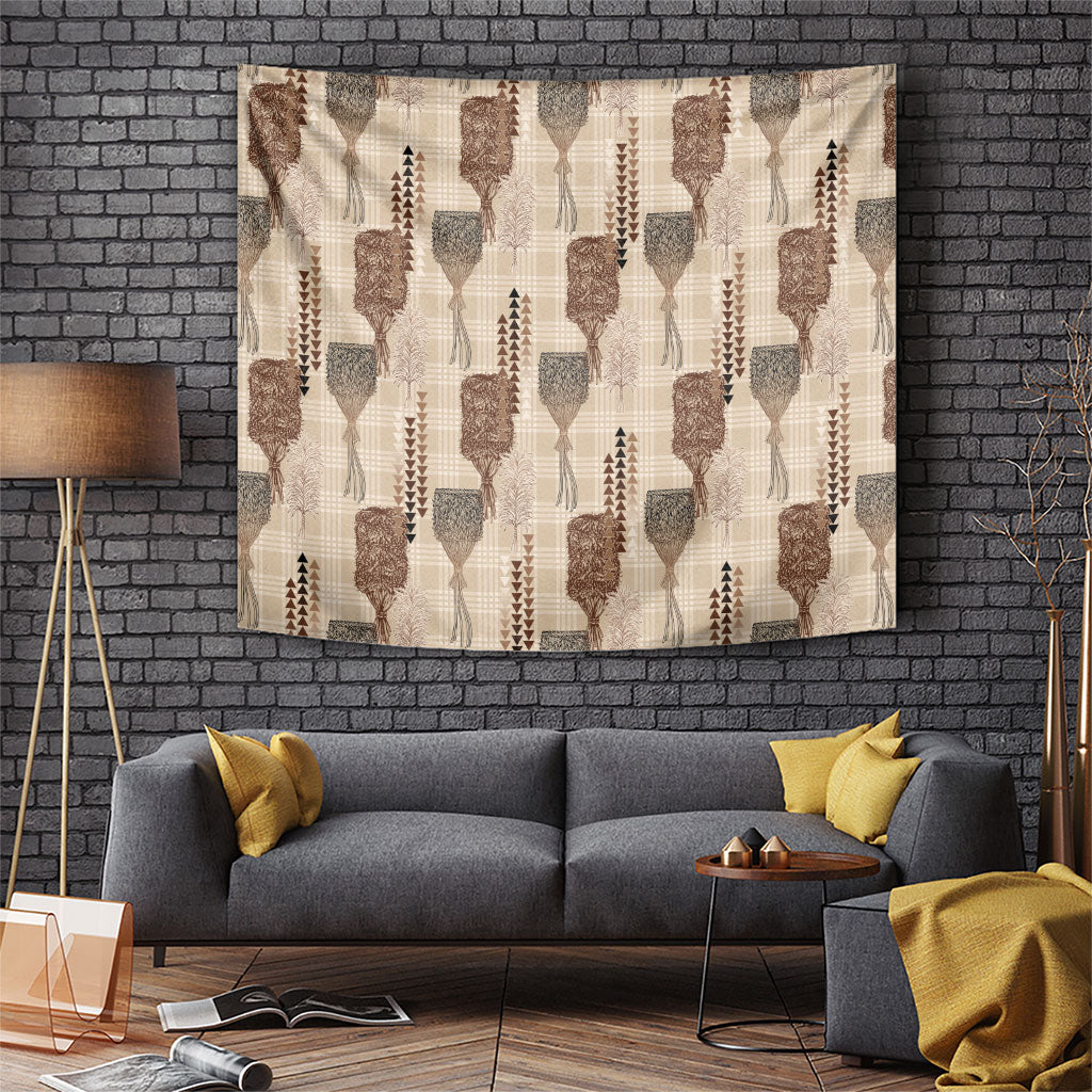 Aloha Hawaii Vintage Kahili Pa'a Lima Tapestry Palaka Print Cozy Beige