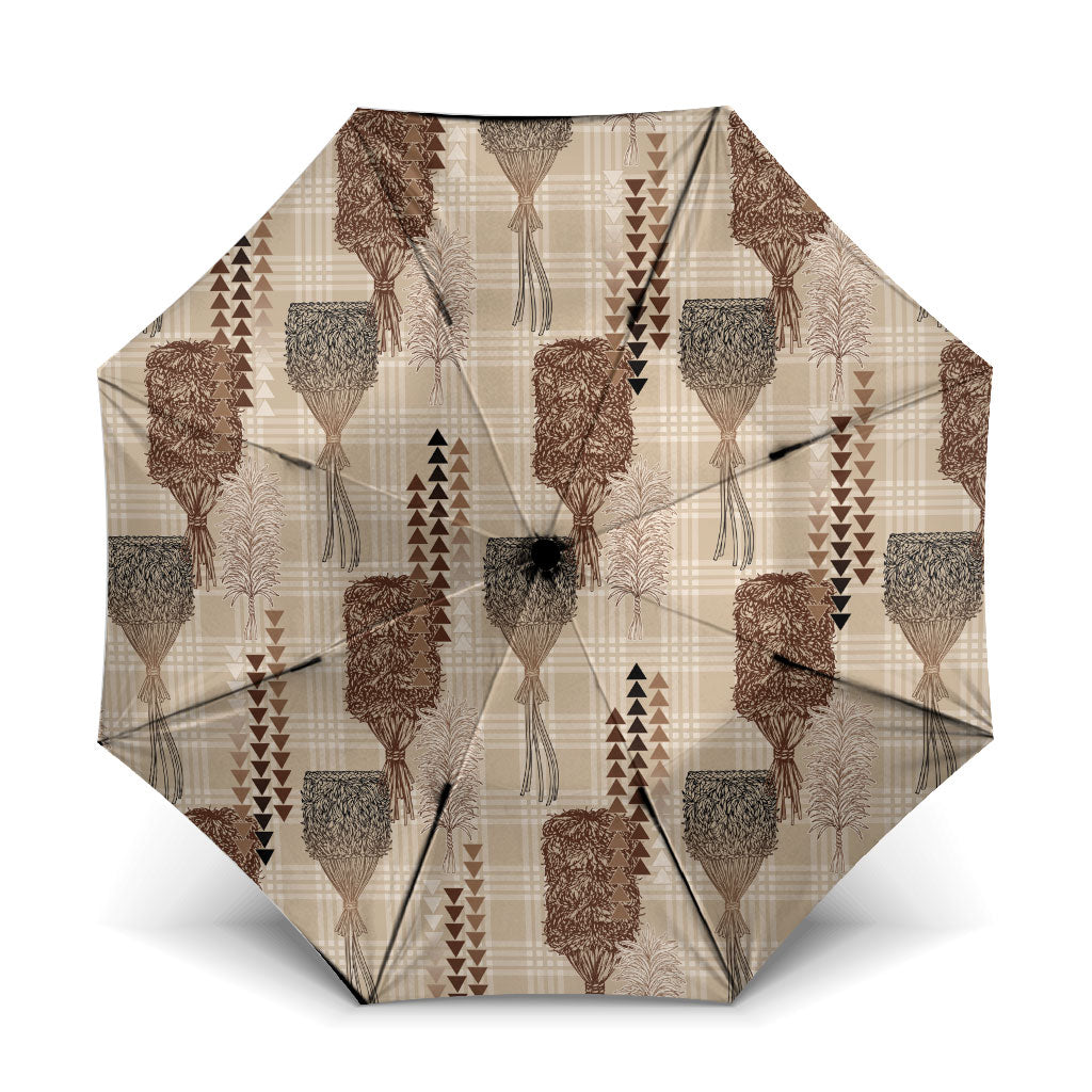 Aloha Hawaii Vintage Kahili Pa'a Lima Umbrella Palaka Print Cozy Beige LT7 One Size Folded 11.42 inch Opened Diameter 37.4 inch Beige - Polynesian Pride