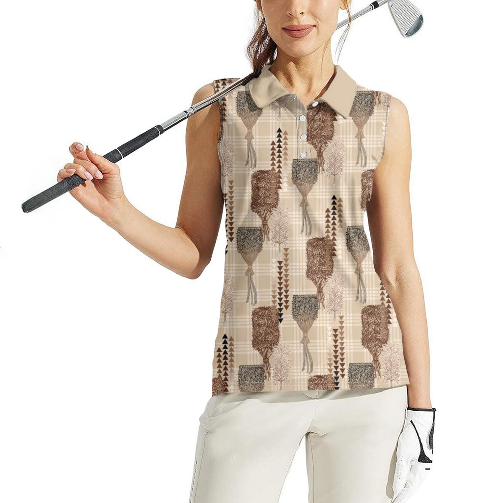 Aloha Hawaii Vintage Kahili Pa'a Lima Women Sleeveless Polo Shirt Palaka Print Cozy Beige