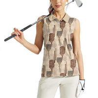Aloha Hawaii Vintage Kahili Pa'a Lima Women Sleeveless Polo Shirt Palaka Print Cozy Beige