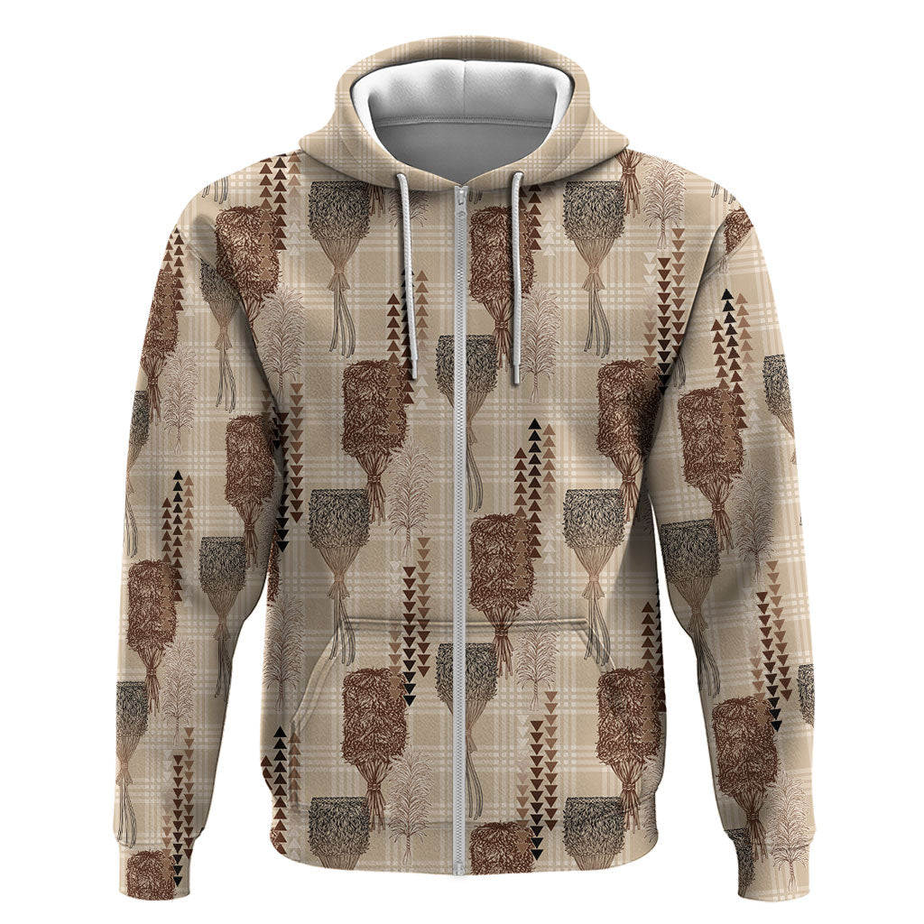 Aloha Hawaii Vintage Kahili Pa'a Lima Zip Hoodie Palaka Print Cozy Beige LT7 Zip Hoodie Beige - Polynesian Pride