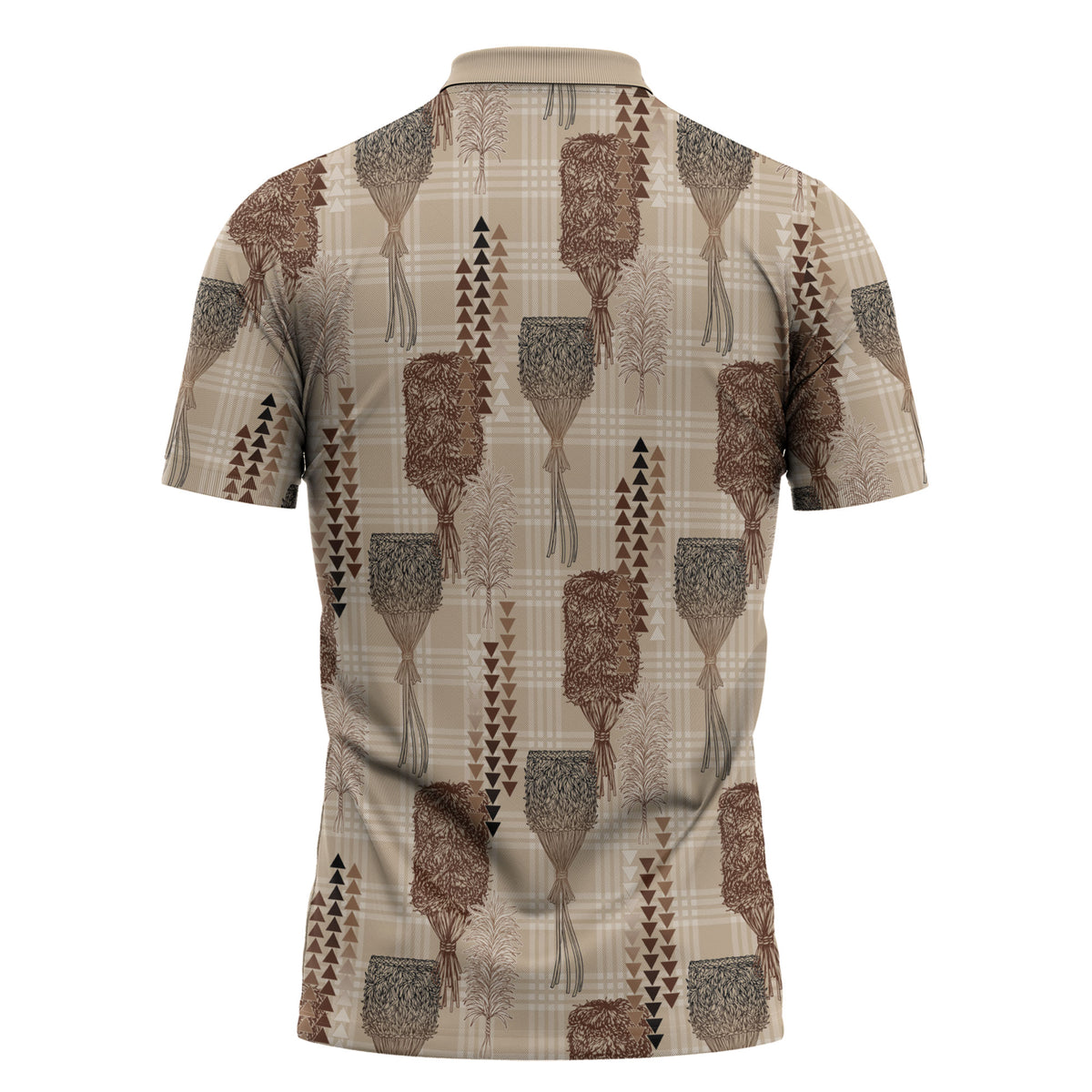 Aloha Hawaii Vintage Kahili Pa'a Lima Zipper Polo Shirt Palaka Print Cozy Beige
