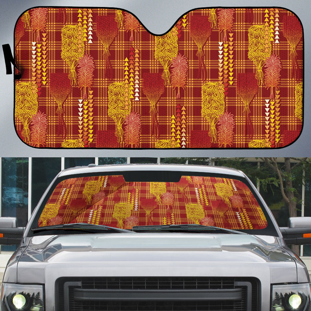 Aloha Hawaii Vintage Kahili Pa'a Lima Auto Sun Shade Palaka Print Hilo Royal Red-Yellow LT7 Red - Polynesian Pride