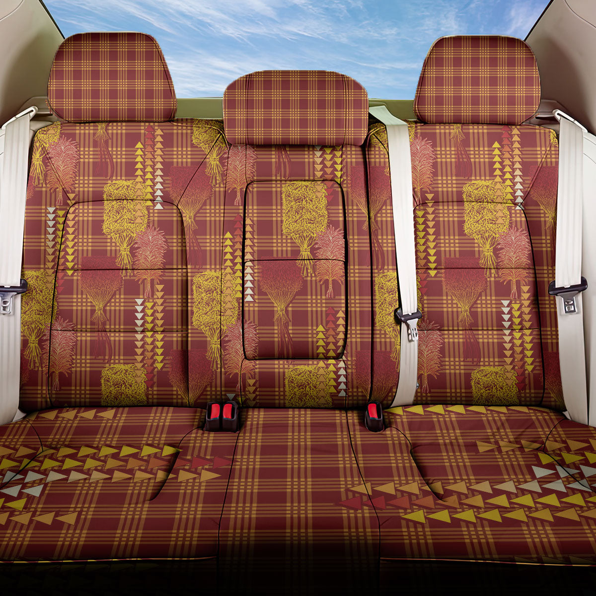 Aloha Hawaii Vintage Kahili Pa'a Lima Back Car Seat Cover Palaka Print Hilo Royal Red-Yellow