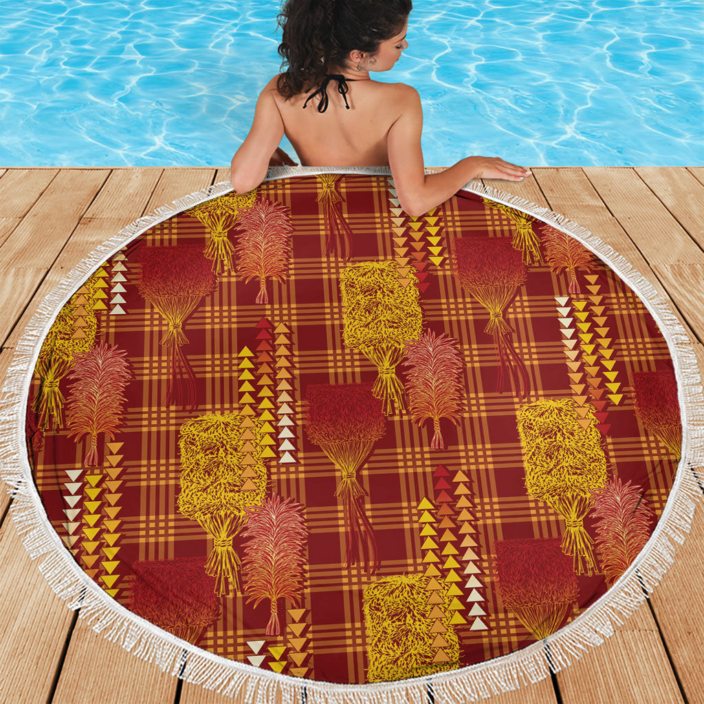 Aloha Hawaii Vintage Kahili Pa'a Lima Beach Blanket Palaka Print Hilo Royal Red-Yellow