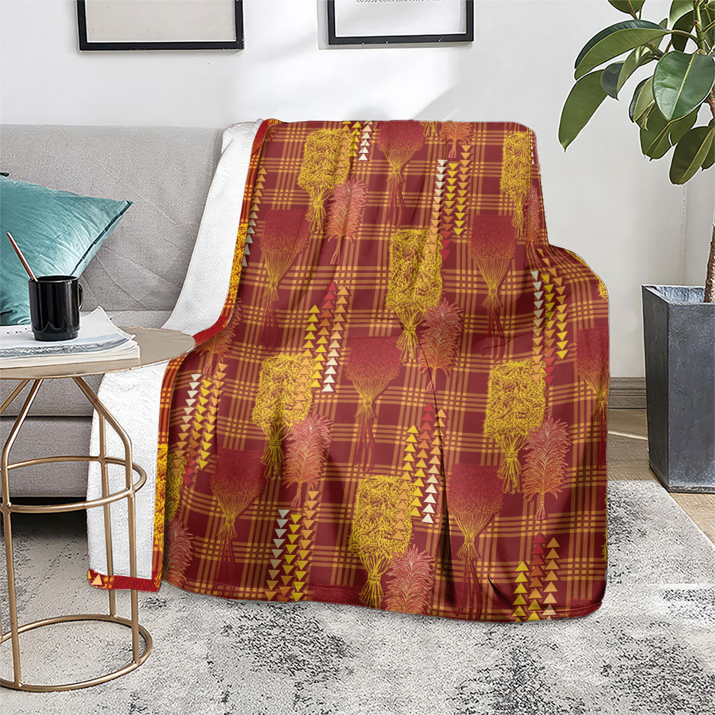 Aloha Hawaii Vintage Kahili Pa'a Lima Blanket Palaka Print Hilo Royal Red-Yellow