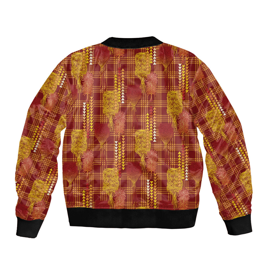 Aloha Hawaii Vintage Kahili Pa'a Lima Bomber Jacket Palaka Print Hilo Royal Red-Yellow