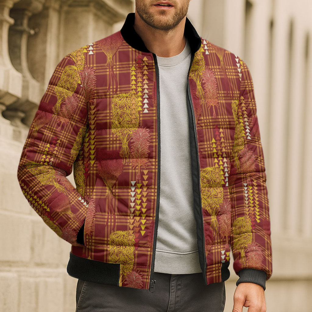 Aloha Hawaii Vintage Kahili Pa'a Lima Bomber Puffer Jacket Palaka Print Hilo Royal Red-Yellow