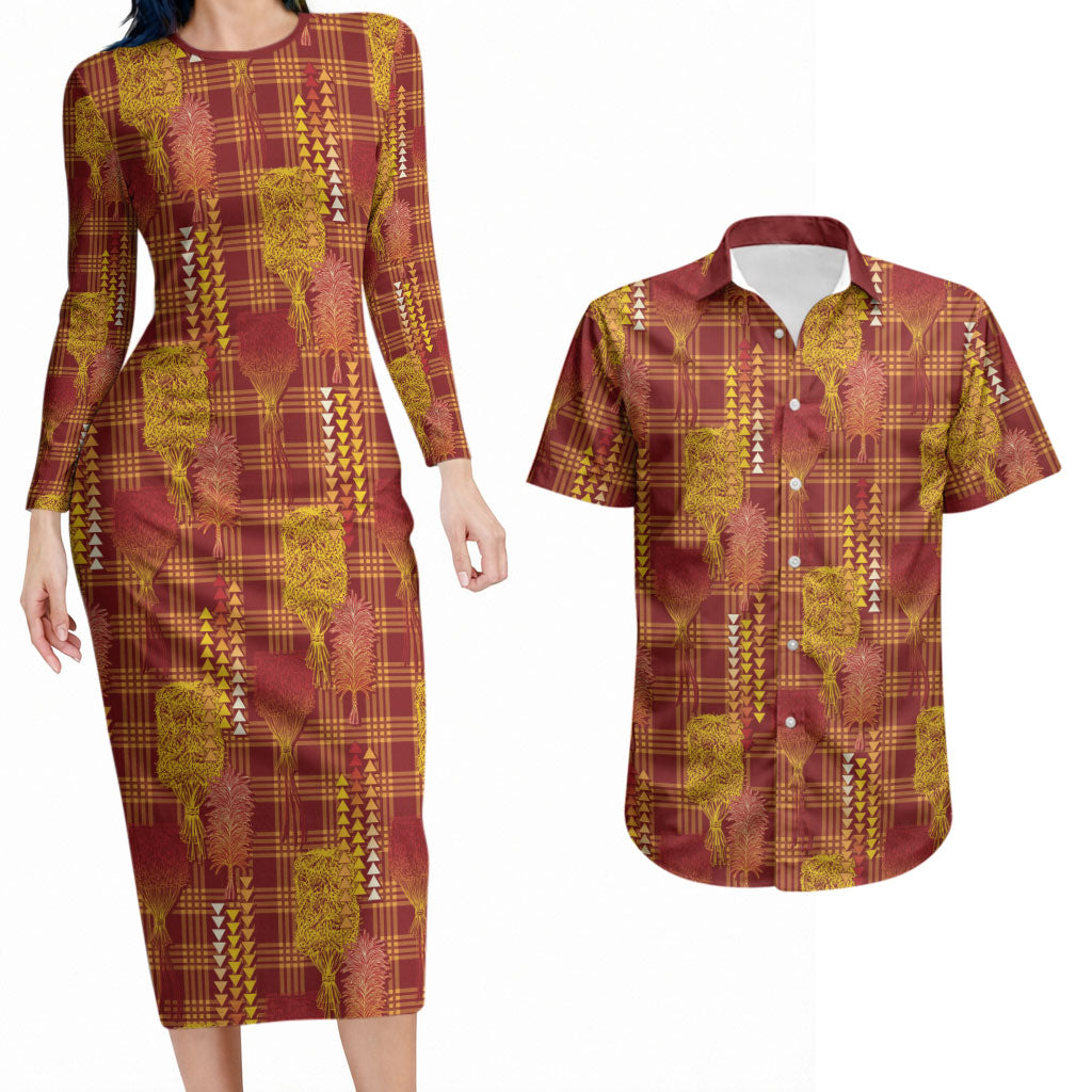 Aloha Hawaii Vintage Kahili Pa'a Lima Couples Matching Long Sleeve Bodycon Dress and Hawaiian Shirt Palaka Print Hilo Royal Red-Yellow