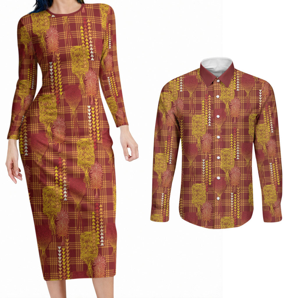 Aloha Hawaii Vintage Kahili Pa'a Lima Couples Matching Long Sleeve Bodycon Dress and Long Sleeve Button Shirt Palaka Print Hilo Royal Red-Yellow LT7 Red - Polynesian Pride