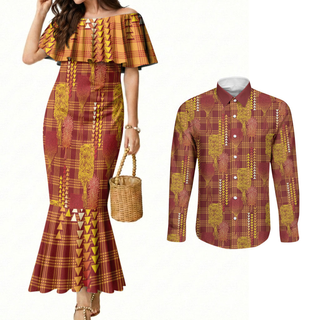 Aloha Hawaii Vintage Kahili Pa'a Lima Couples Matching Mermaid Dress and Long Sleeve Button Shirt Palaka Print Hilo Royal Red-Yellow LT7 Red - Polynesian Pride
