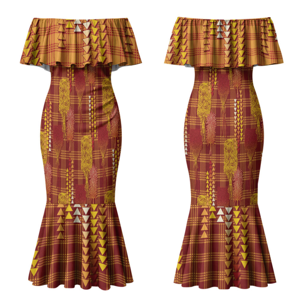 Aloha Hawaii Vintage Kahili Pa'a Lima Couples Matching Mermaid Dress and Long Sleeve Button Shirt Palaka Print Hilo Royal Red-Yellow
