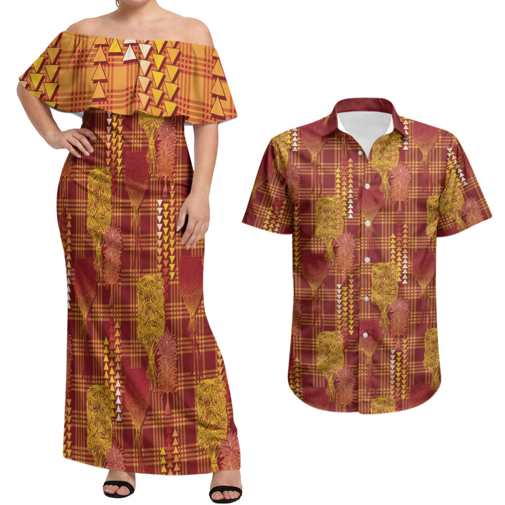 Aloha Hawaii Vintage Kahili Pa'a Lima Couples Matching Off Shoulder Maxi Dress and Hawaiian Shirt Palaka Print Hilo Royal Red-Yellow LT7 Red - Polynesian Pride