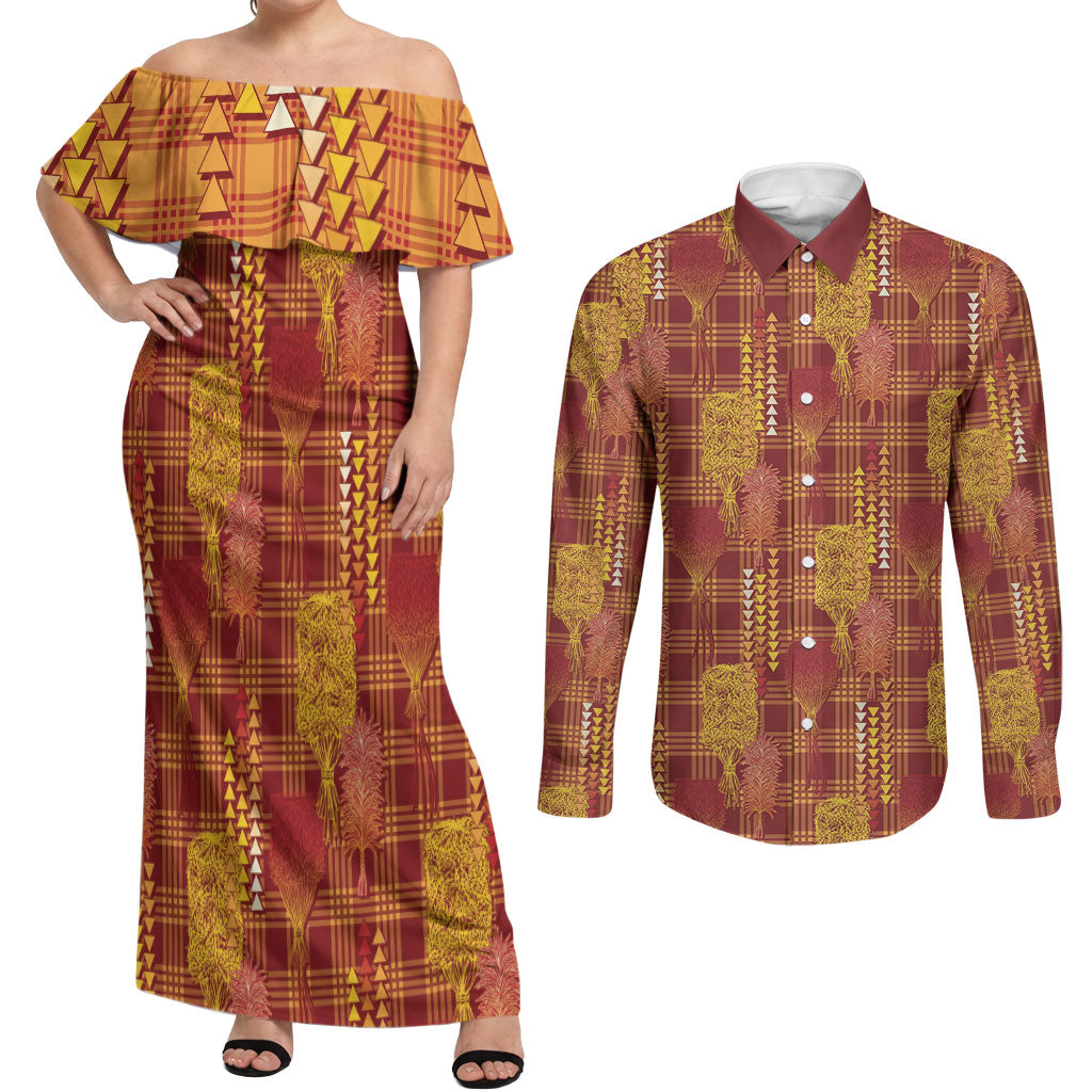 Aloha Hawaii Vintage Kahili Pa'a Lima Couples Matching Off Shoulder Maxi Dress and Long Sleeve Button Shirt Palaka Print Hilo Royal Red-Yellow LT7 Red - Polynesian Pride