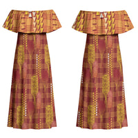 Aloha Hawaii Vintage Kahili Pa'a Lima Couples Matching Off Shoulder Maxi Dress and Long Sleeve Button Shirt Palaka Print Hilo Royal Red-Yellow
