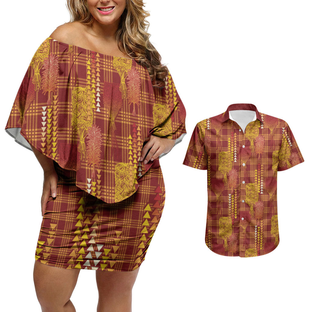 Aloha Hawaii Vintage Kahili Pa'a Lima Couples Matching Off Shoulder Short Dress and Hawaiian Shirt Palaka Print Hilo Royal Red-Yellow LT7 Red - Polynesian Pride