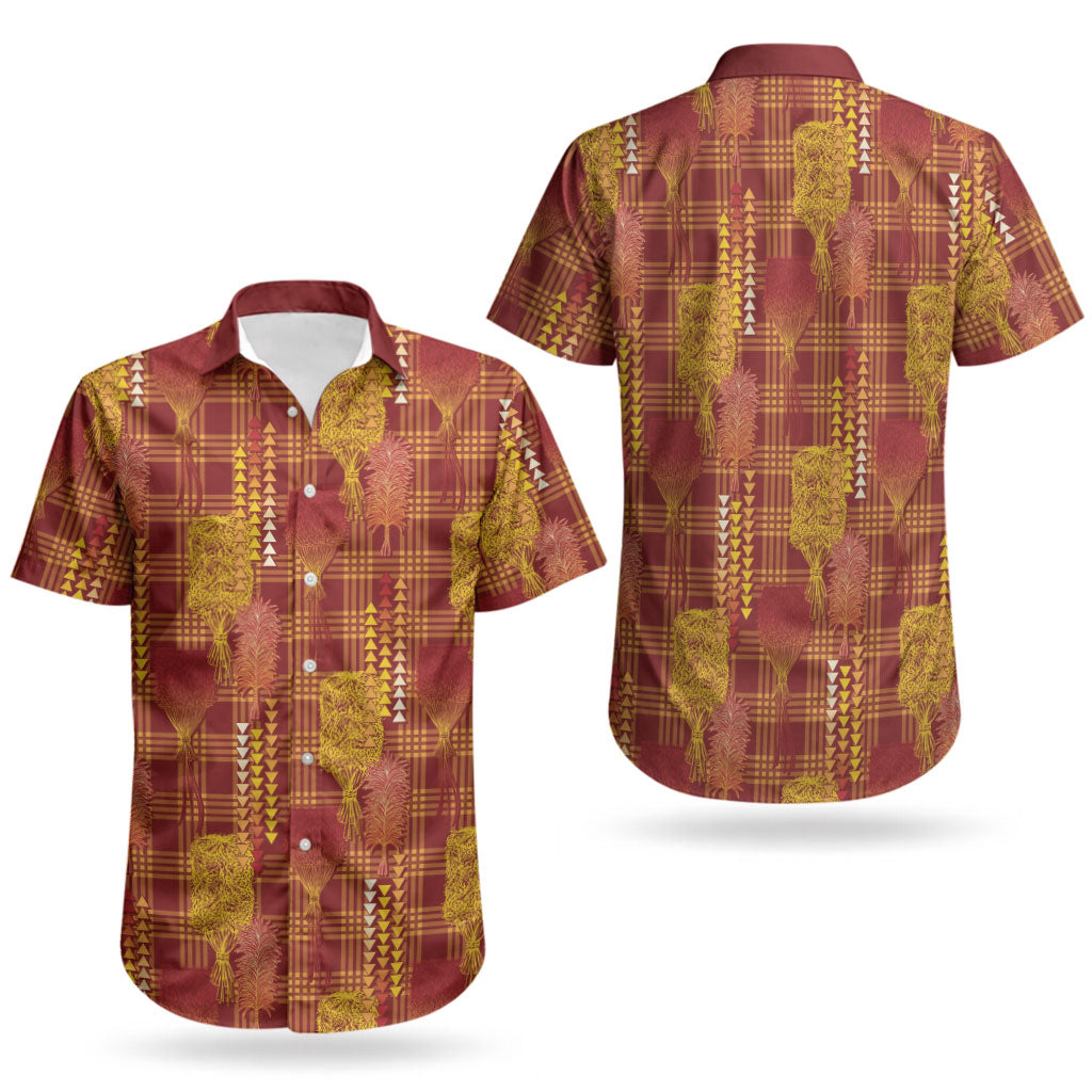 Aloha Hawaii Vintage Kahili Pa'a Lima Couples Matching Off Shoulder Short Dress and Hawaiian Shirt Palaka Print Hilo Royal Red-Yellow