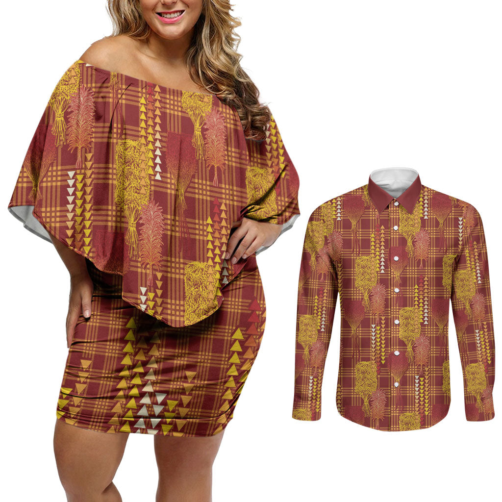 Aloha Hawaii Vintage Kahili Pa'a Lima Couples Matching Off Shoulder Short Dress and Long Sleeve Button Shirt Palaka Print Hilo Royal Red-Yellow LT7 Red - Polynesian Pride