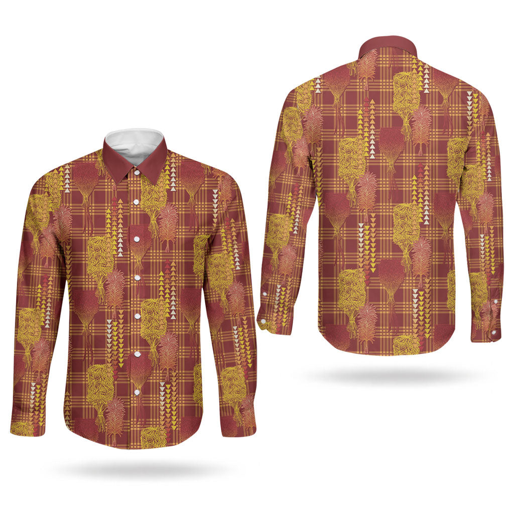 Aloha Hawaii Vintage Kahili Pa'a Lima Couples Matching Off Shoulder Short Dress and Long Sleeve Button Shirt Palaka Print Hilo Royal Red-Yellow