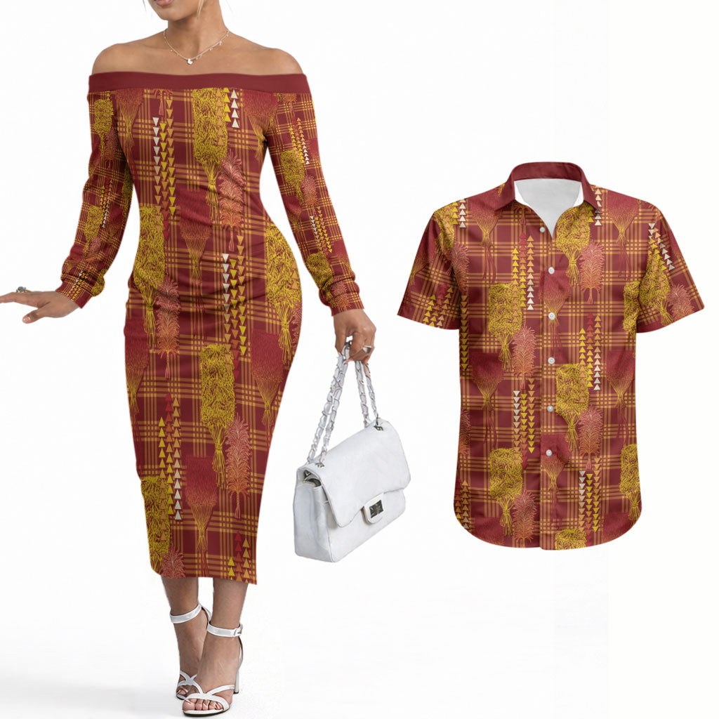 Aloha Hawaii Vintage Kahili Pa'a Lima Couples Matching Off The Shoulder Long Sleeve Dress and Hawaiian Shirt Palaka Print Hilo Royal Red-Yellow LT7 Red - Polynesian Pride
