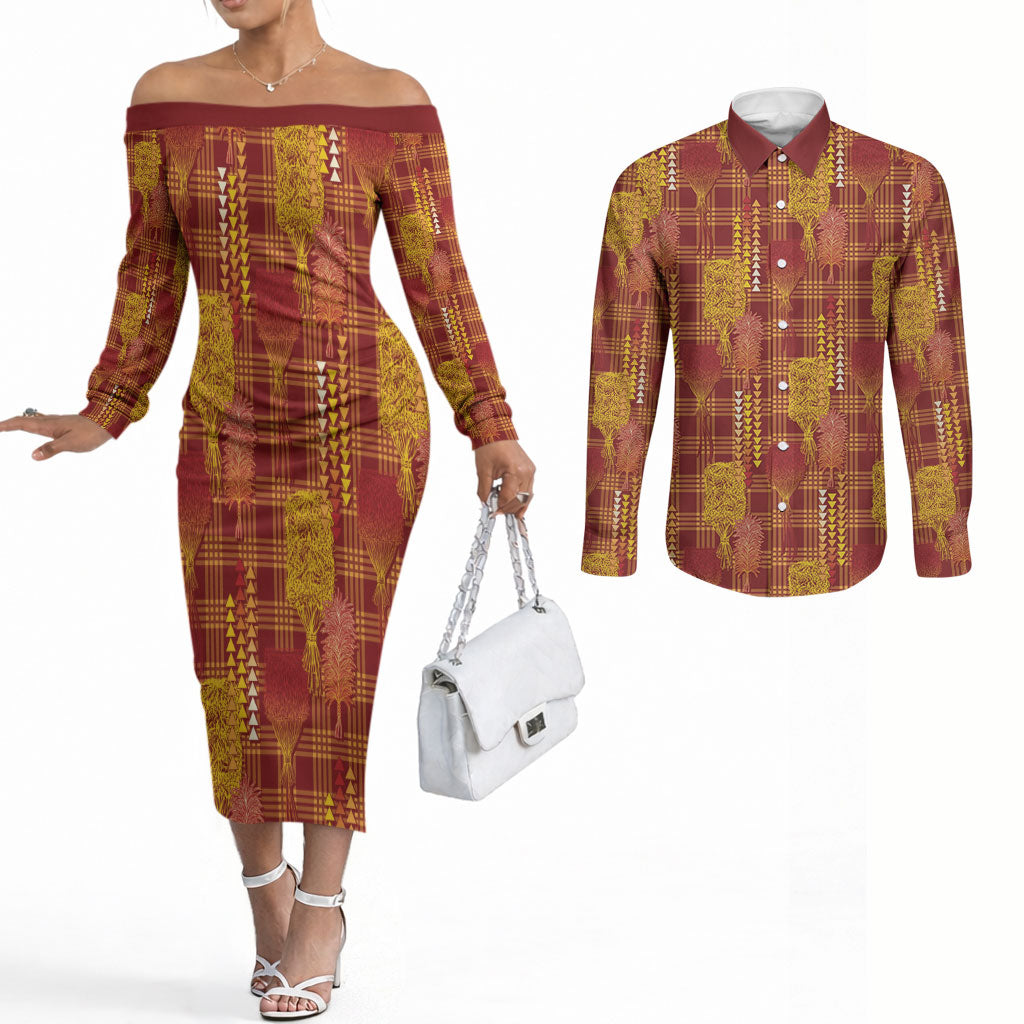 Aloha Hawaii Vintage Kahili Pa'a Lima Couples Matching Off The Shoulder Long Sleeve Dress and Long Sleeve Button Shirt Palaka Print Hilo Royal Red-Yellow LT7 Red - Polynesian Pride
