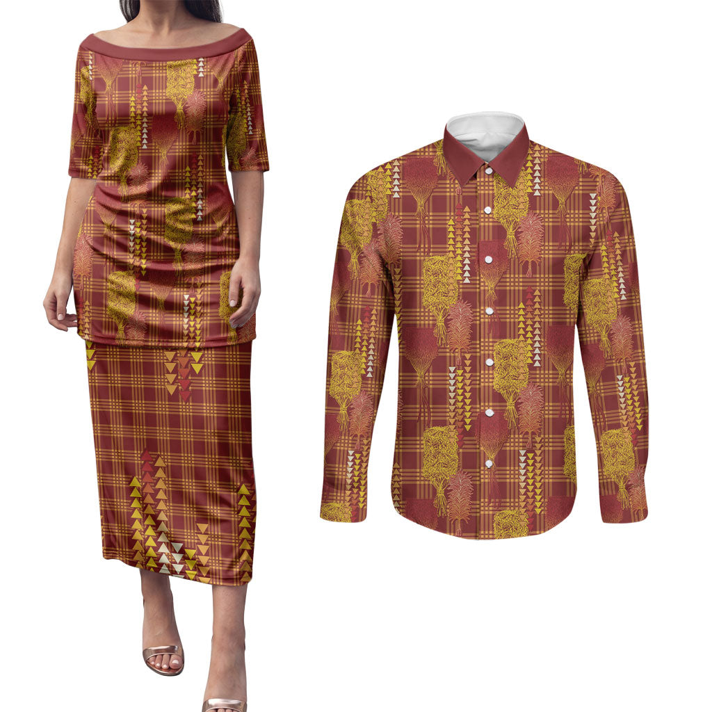 Aloha Hawaii Vintage Kahili Pa'a Lima Couples Matching Puletasi and Long Sleeve Button Shirt Palaka Print Hilo Royal Red-Yellow LT7 Red - Polynesian Pride