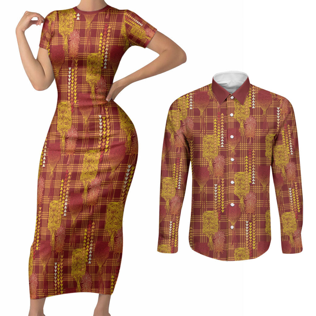 Aloha Hawaii Vintage Kahili Pa'a Lima Couples Matching Short Sleeve Bodycon Dress and Long Sleeve Button Shirt Palaka Print Hilo Royal Red-Yellow LT7 Red - Polynesian Pride
