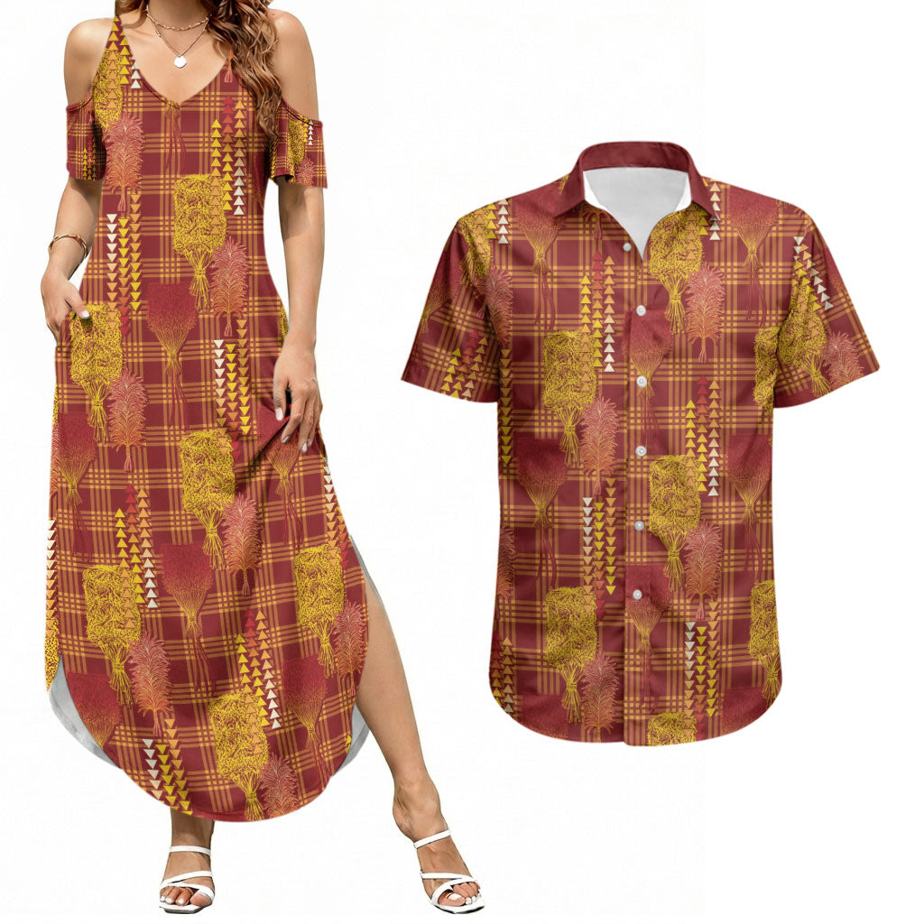 Aloha Hawaii Vintage Kahili Pa'a Lima Couples Matching Summer Maxi Dress and Hawaiian Shirt Palaka Print Hilo Royal Red-Yellow LT7 Red - Polynesian Pride