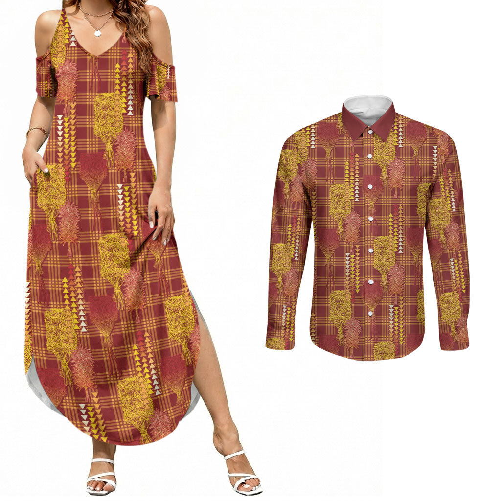 Aloha Hawaii Vintage Kahili Pa'a Lima Couples Matching Summer Maxi Dress and Long Sleeve Button Shirt Palaka Print Hilo Royal Red-Yellow LT7 Red - Polynesian Pride