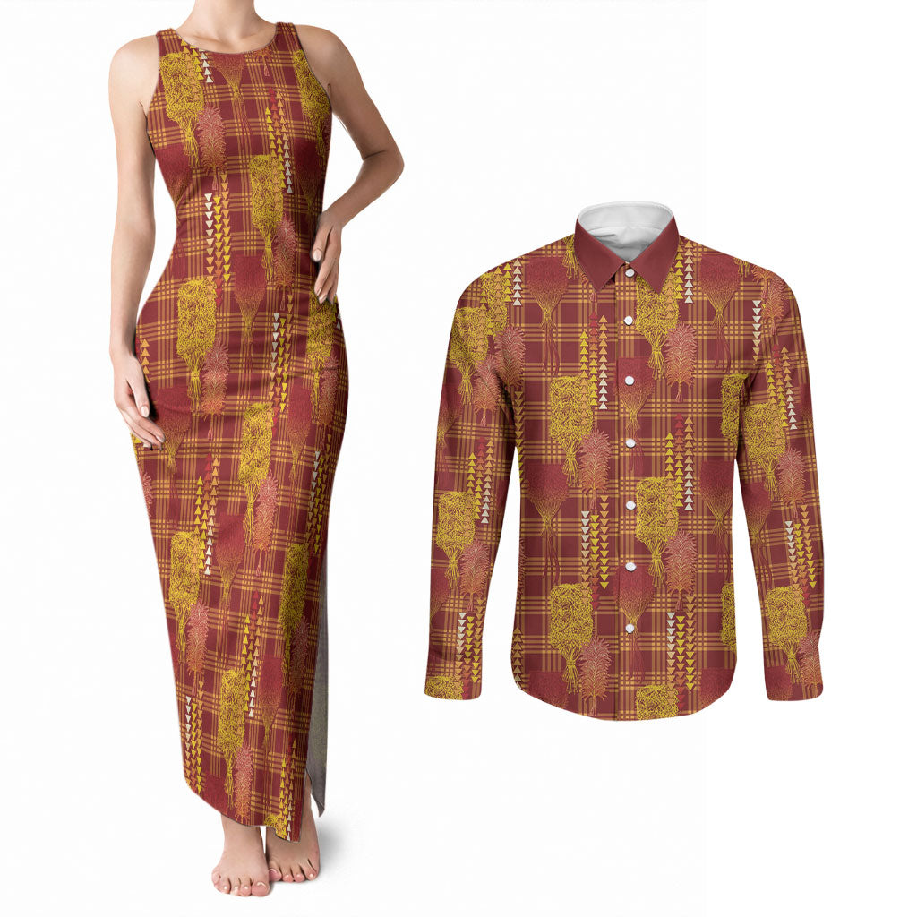 Aloha Hawaii Vintage Kahili Pa'a Lima Couples Matching Tank Maxi Dress and Long Sleeve Button Shirt Palaka Print Hilo Royal Red-Yellow LT7 Red - Polynesian Pride