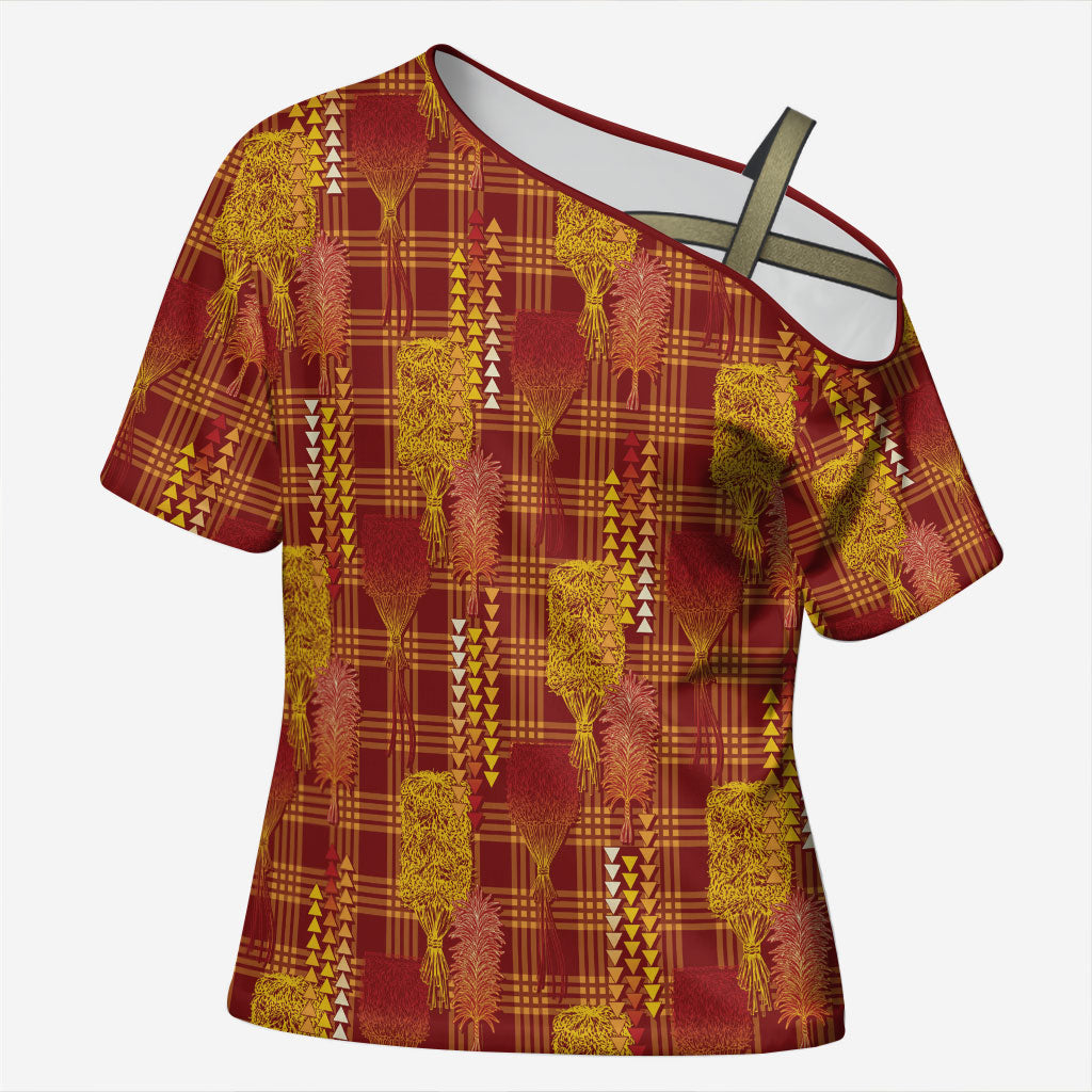 Aloha Hawaii Vintage Kahili Pa'a Lima Cross Shoulder Shirt Palaka Print Hilo Royal Red-Yellow LT7 Female Red - Polynesian Pride