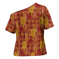 Aloha Hawaii Vintage Kahili Pa'a Lima Cross Shoulder Shirt Palaka Print Hilo Royal Red-Yellow