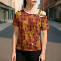 Aloha Hawaii Vintage Kahili Pa'a Lima Cross Shoulder Shirt Palaka Print Hilo Royal Red-Yellow