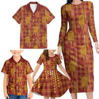 Aloha Hawaii Vintage Kahili Pa'a Lima Family Matching Long Sleeve Bodycon Dress and Hawaiian Shirt Palaka Print Hilo Royal Red-Yellow