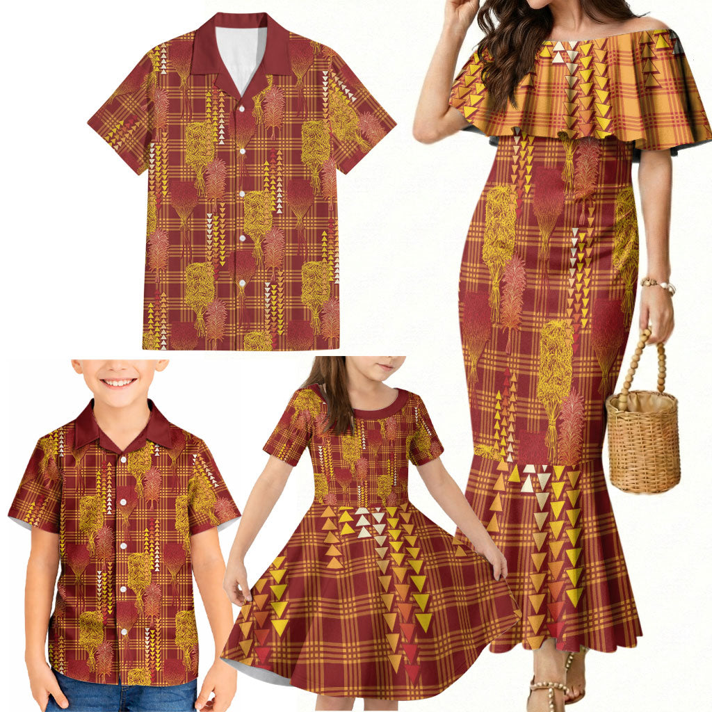 Aloha Hawaii Vintage Kahili Pa'a Lima Family Matching Mermaid Dress and Hawaiian Shirt Palaka Print Hilo Royal Red-Yellow