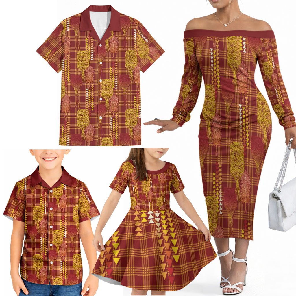 Aloha Hawaii Vintage Kahili Pa'a Lima Family Matching Off The Shoulder Long Sleeve Dress and Hawaiian Shirt Palaka Print Hilo Royal Red-Yellow