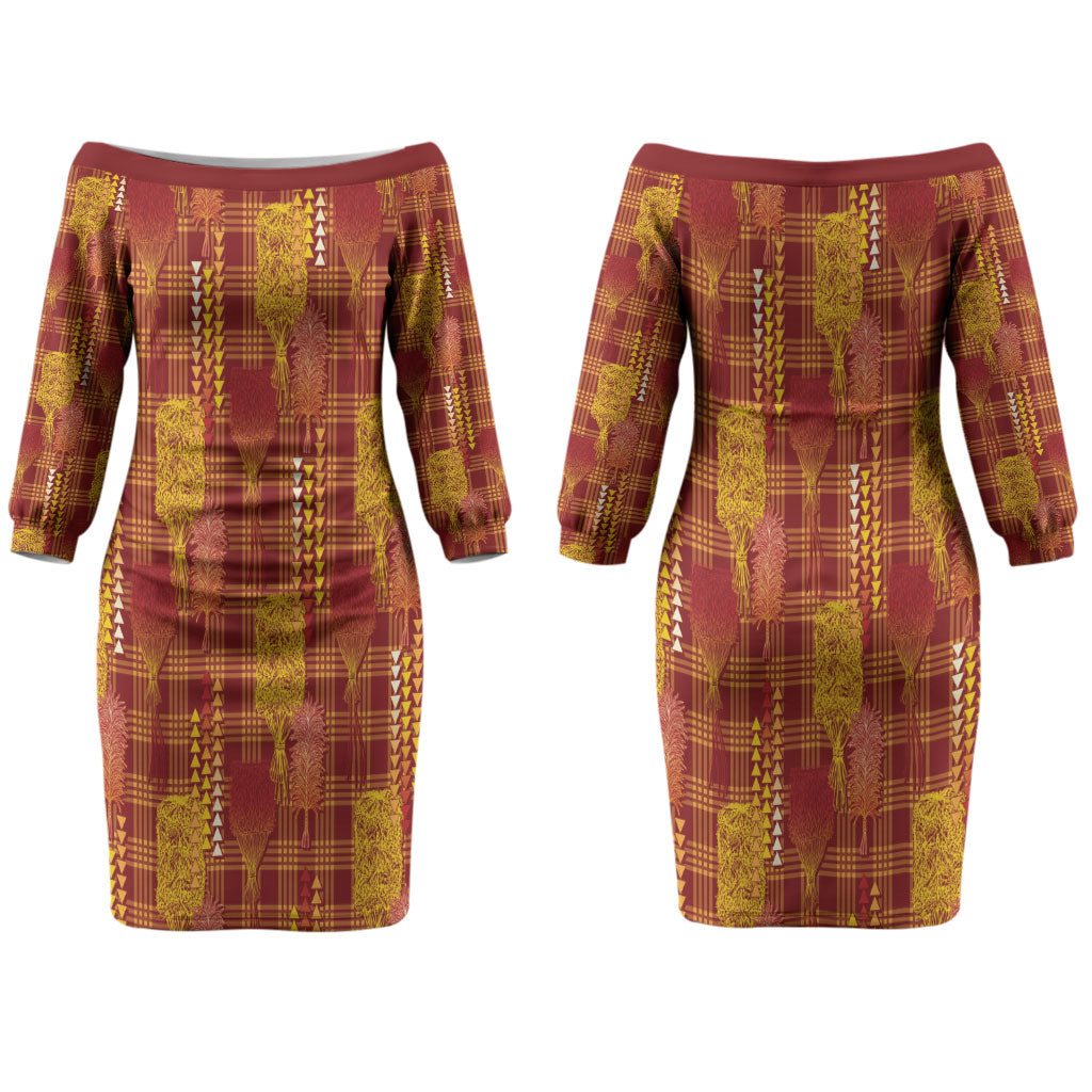 Aloha Hawaii Vintage Kahili Pa'a Lima Family Matching Off The Shoulder Long Sleeve Dress and Hawaiian Shirt Palaka Print Hilo Royal Red-Yellow